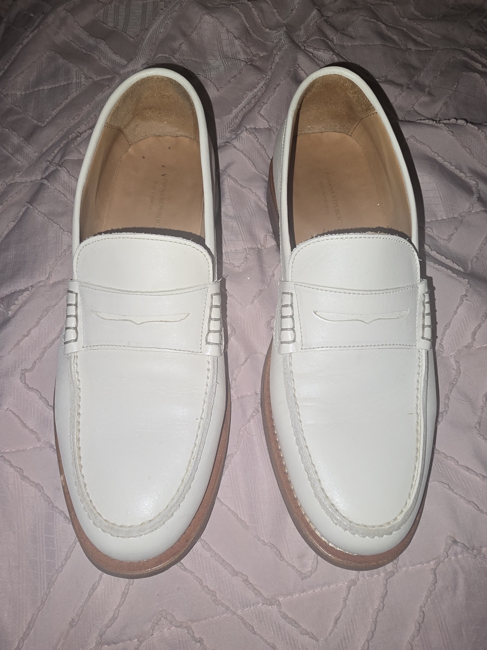 Banana Republic White Leather Penny Loafers with Tan Soles